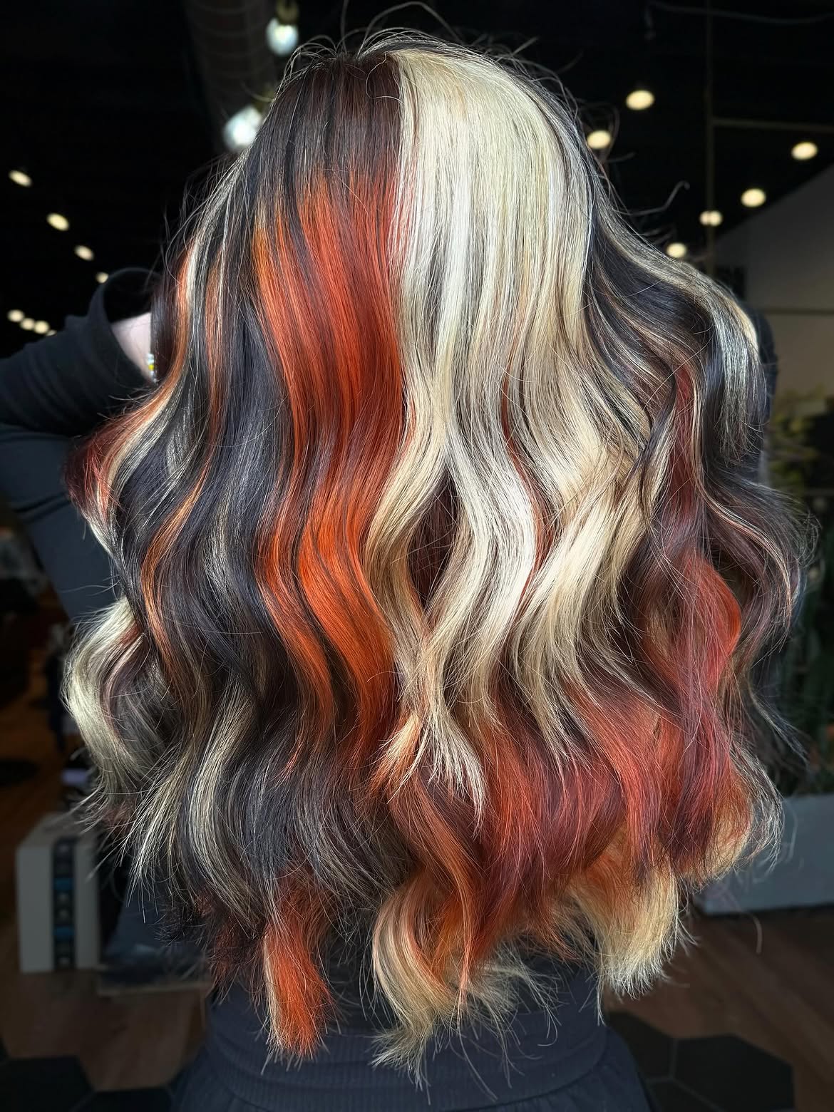 Bold Calico Hair With Copper And Blonde Streaks