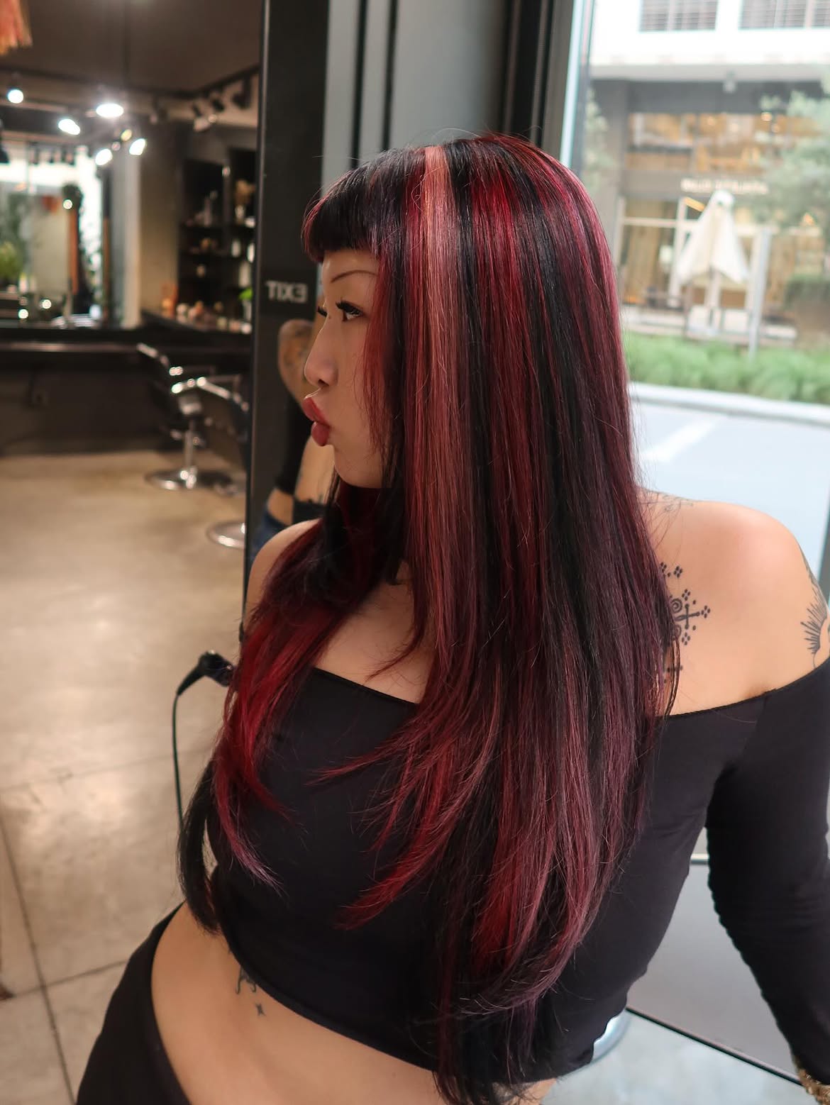 Bold Cherry Red & Blonde Chunky Highlights