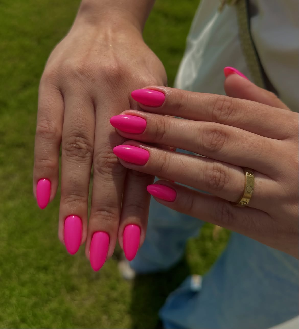 Bold Hot Pink Almond French Nails