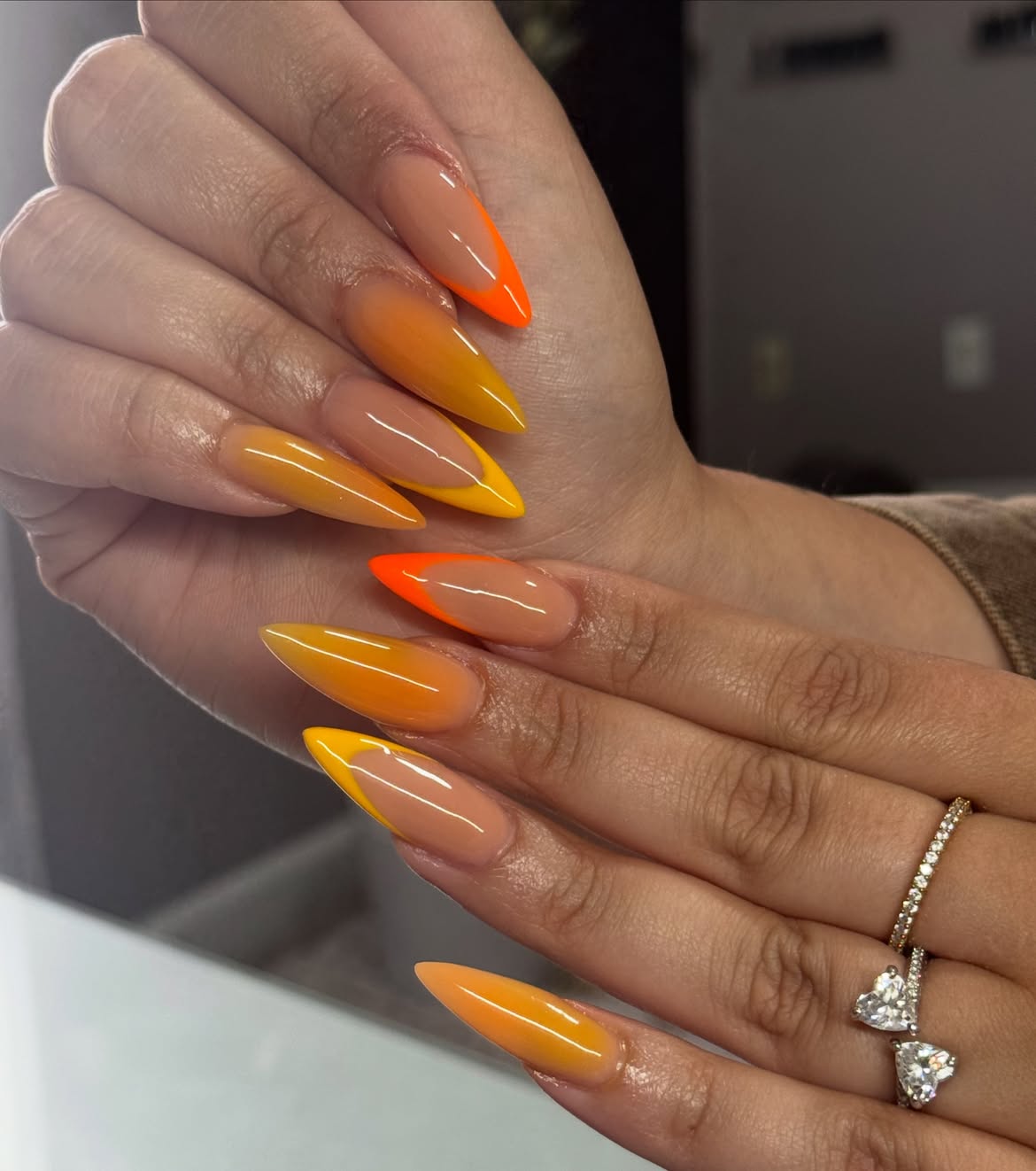 Bold Orange Yellow Ombre Stiletto French Tip Nails