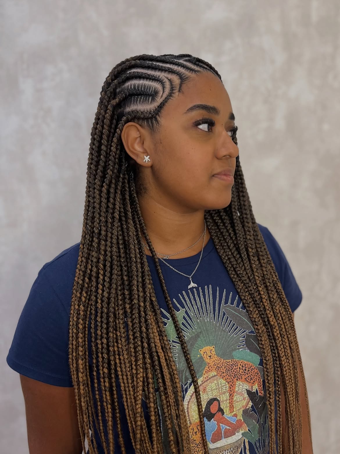 Box Braids With Caramel Highlights And Swirl Pattern