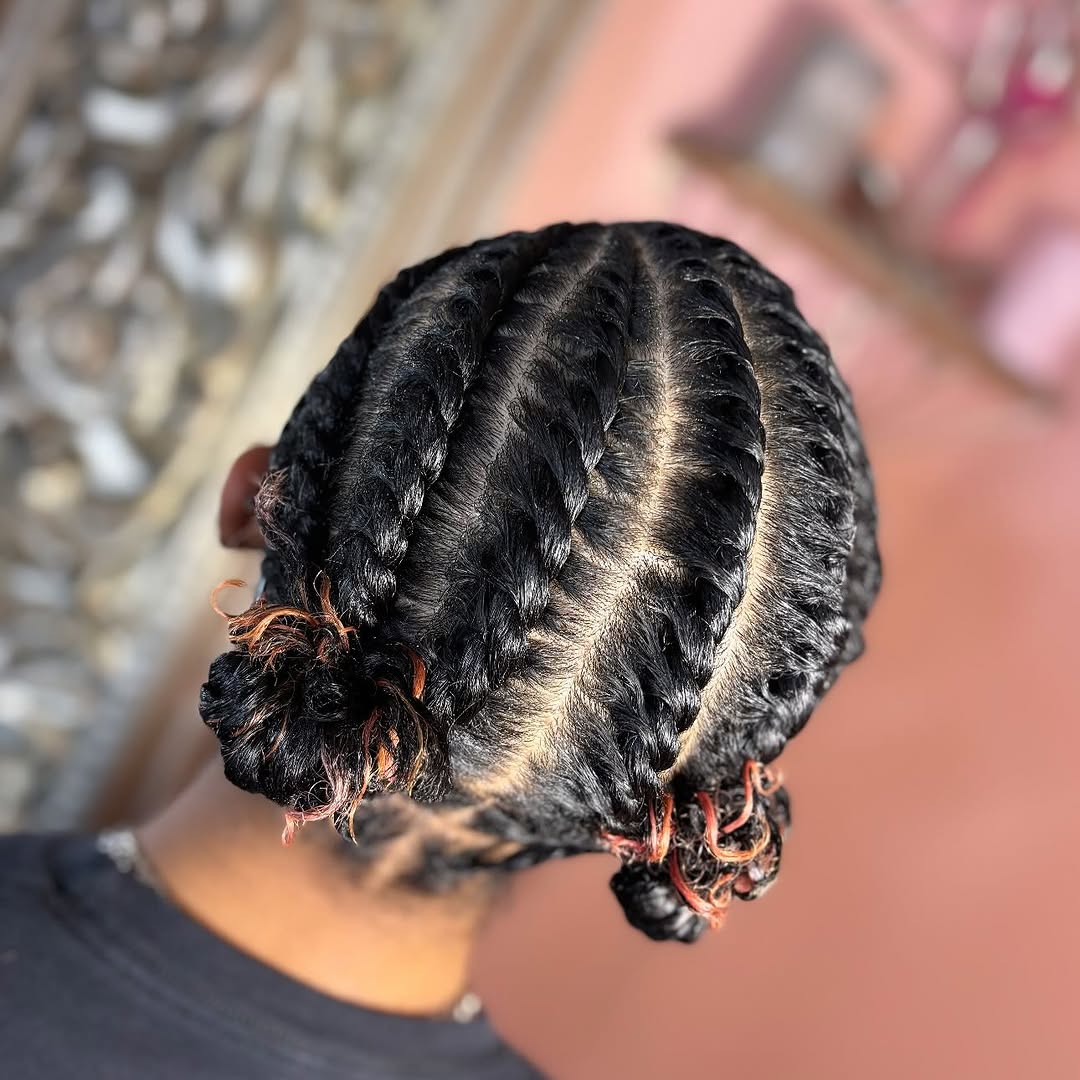 Braided Crown With Double Buns And Copper Tips
