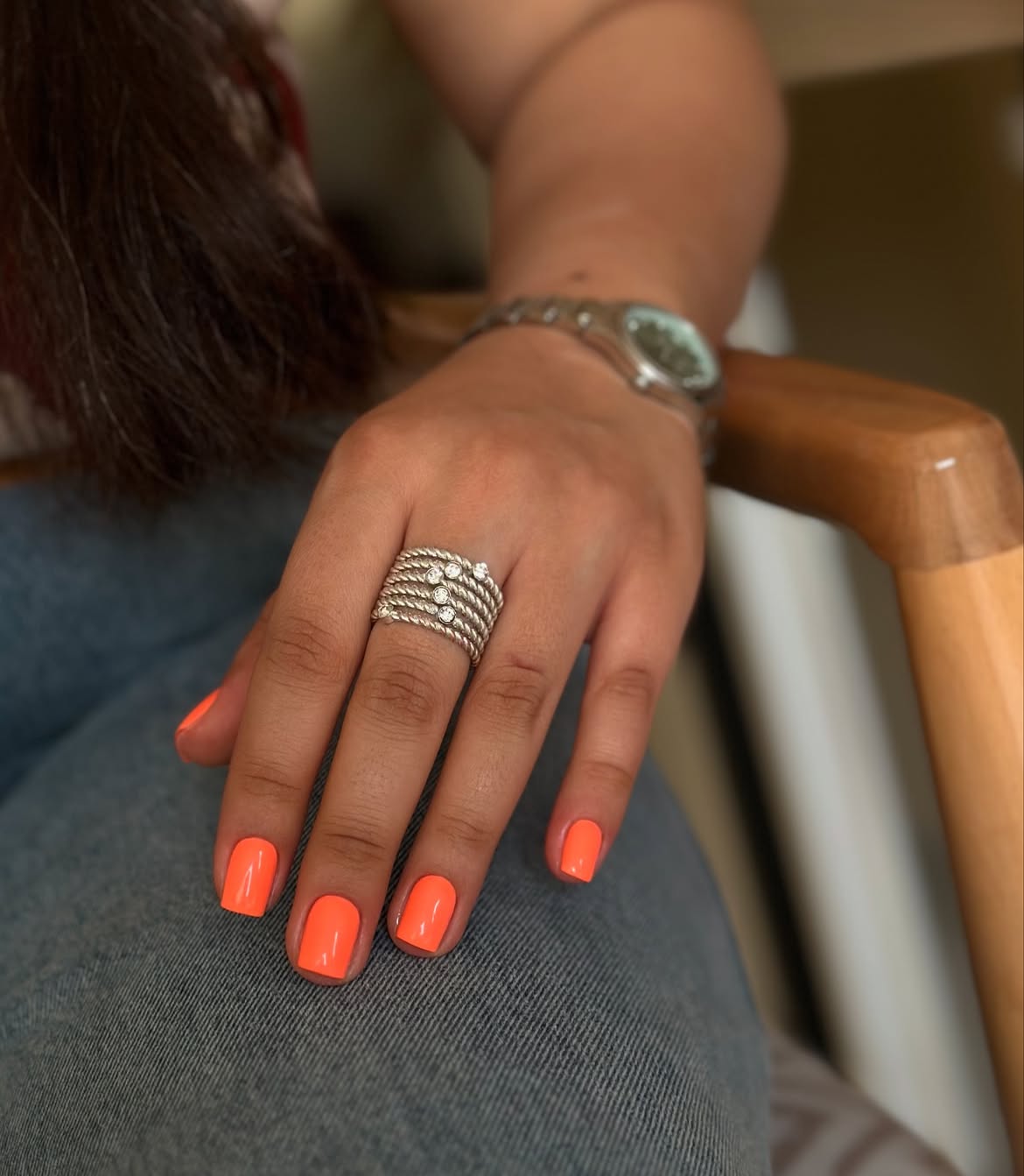 Bright Coral Orange Glossy Square Nails