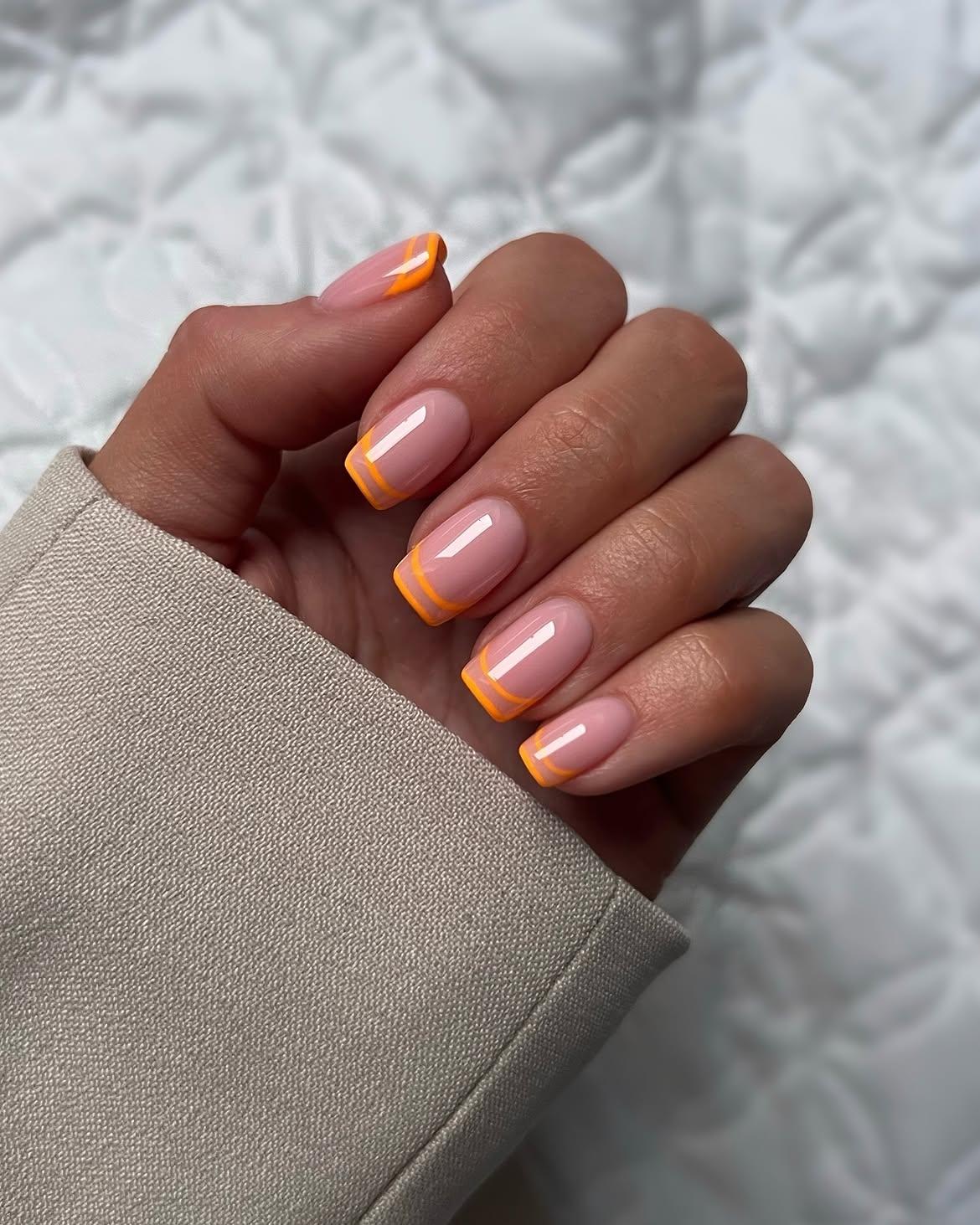 Bright Orange Outline French Tip Square Nails