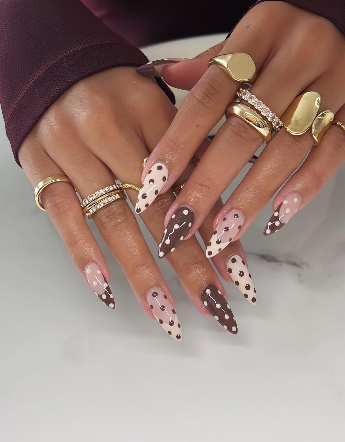 Brown and Cream Polka Dot Stiletto Nails
