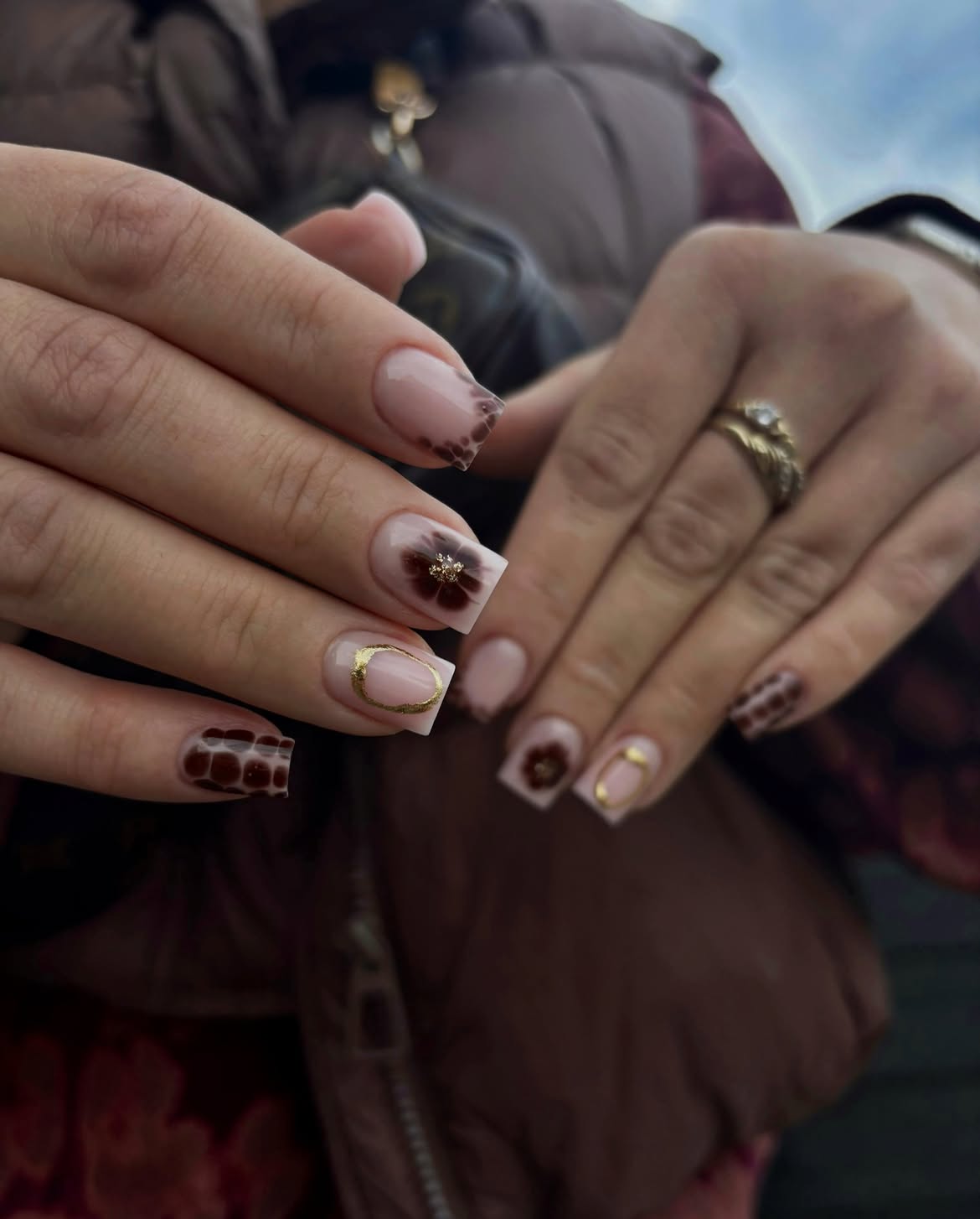 Brown Animal Print & Floral Accent Square Nails