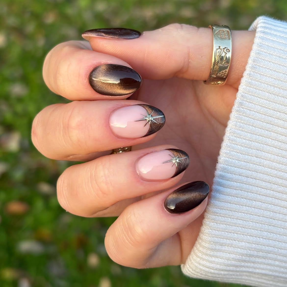 Brown Cat Eye French Tips with Star Accent