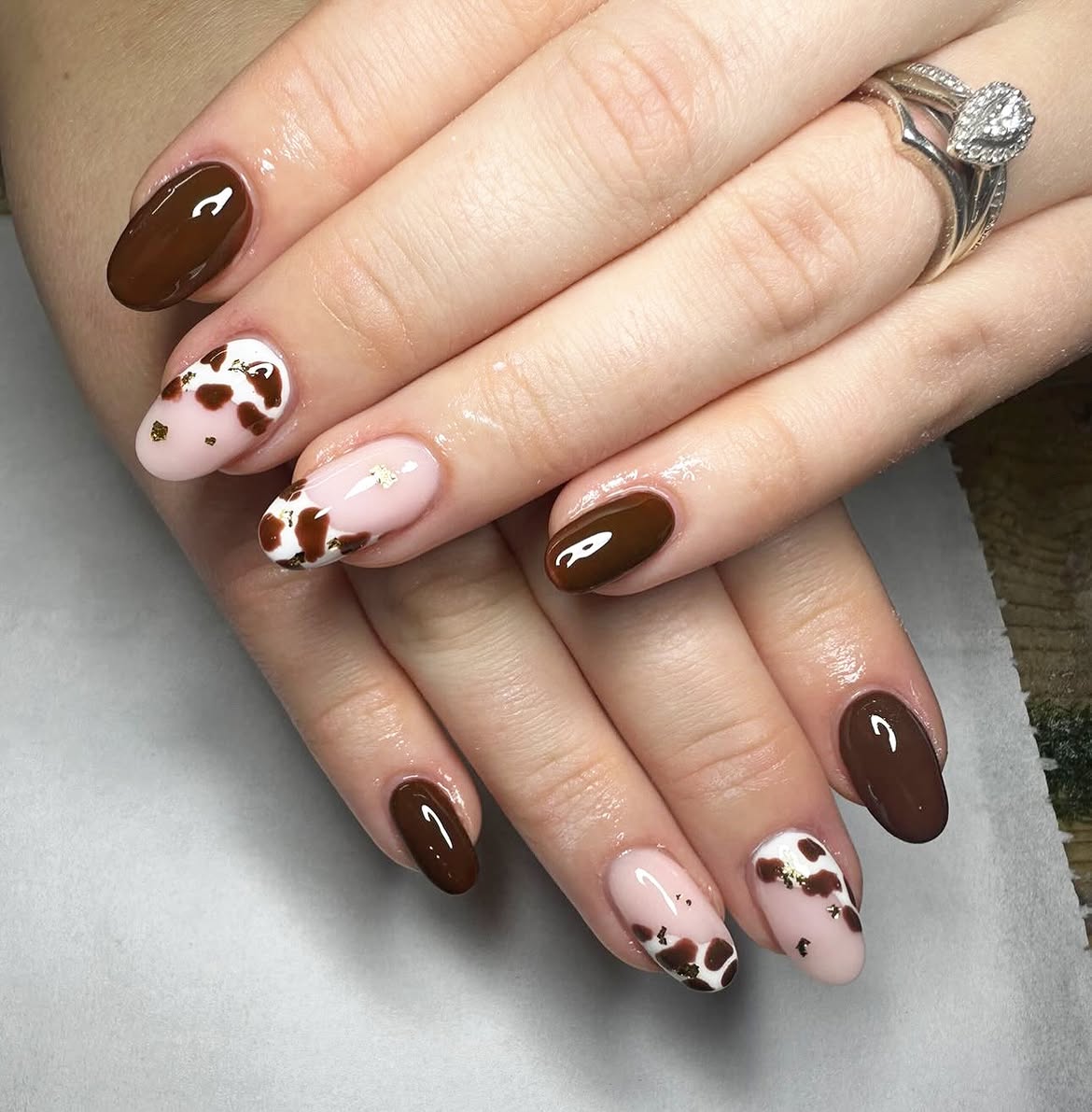 Brown Cow Print Almond French Tips