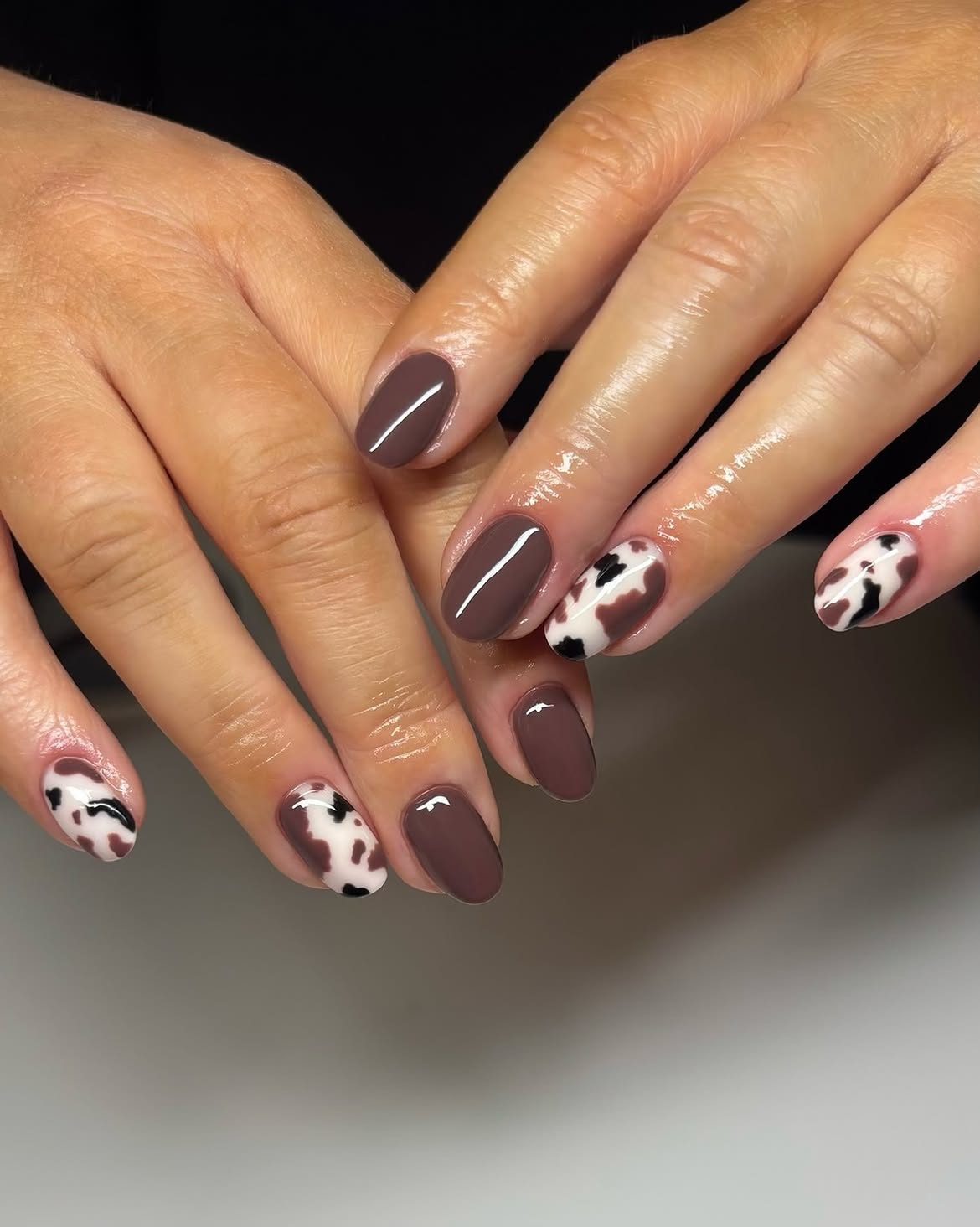Brown Cow Print Oval Glossy Nails