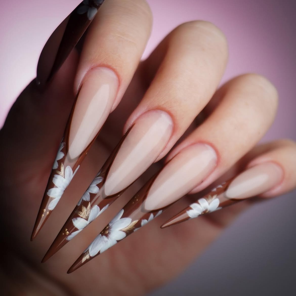 Brown Floral Stiletto Acrylic Nails