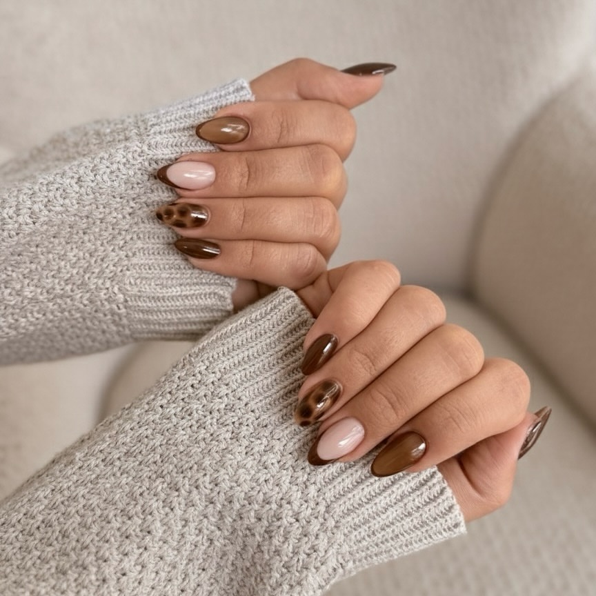 Brown French Tip Leopard Almond Nails