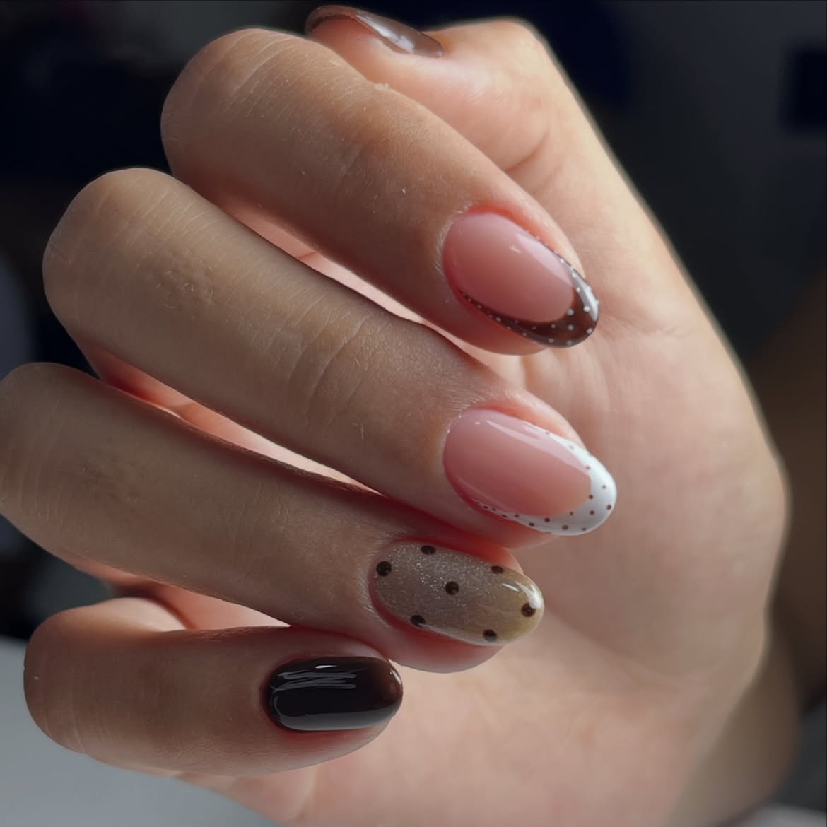 Brown Polka Dot Almond French Manicure