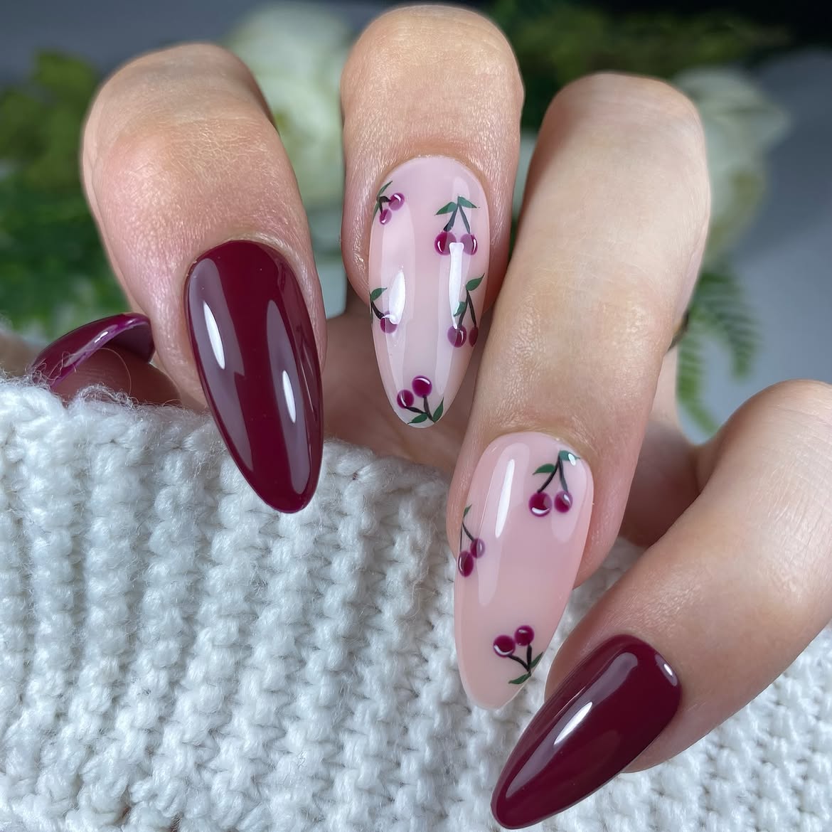 Burgundy Cherry Blossom Almond Nails
