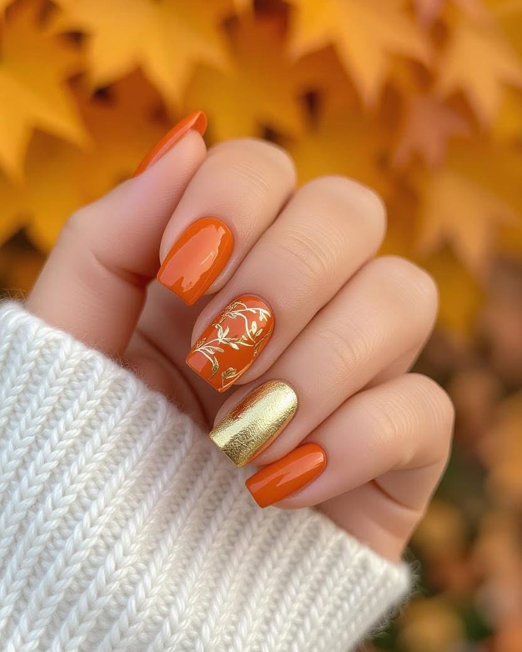 Burnt Orange Square Nails With Gold Leaf Art