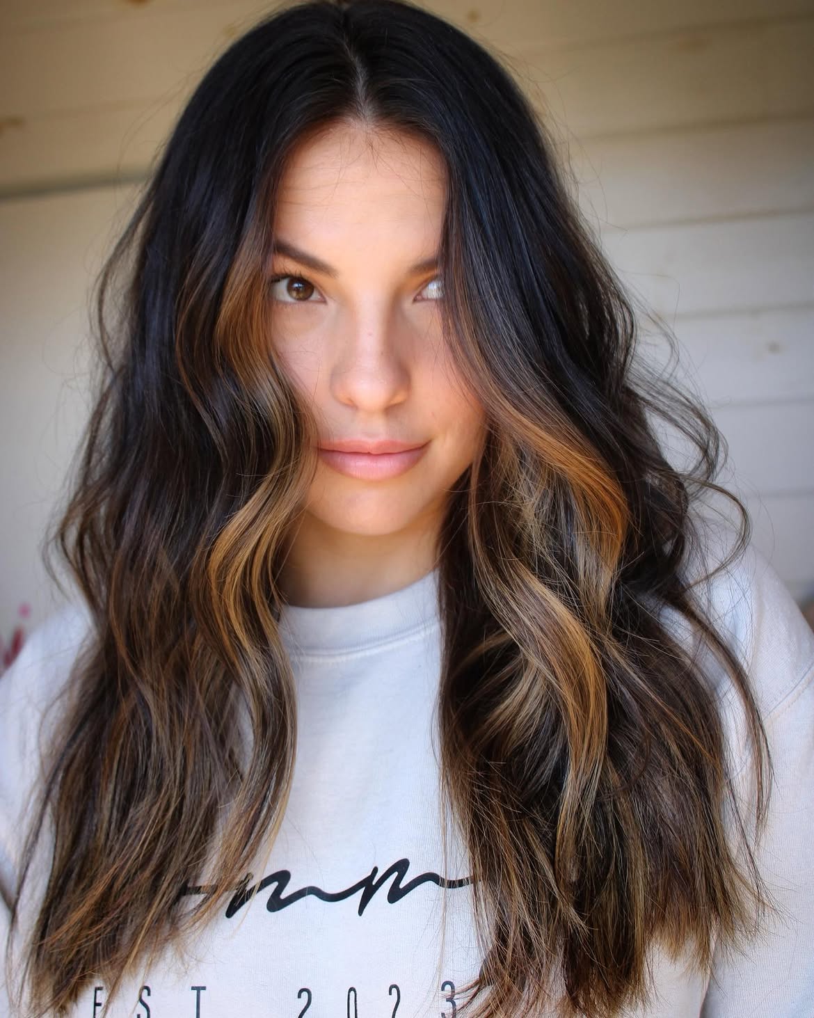 Caramel Balayage On Dark Wavy Locks