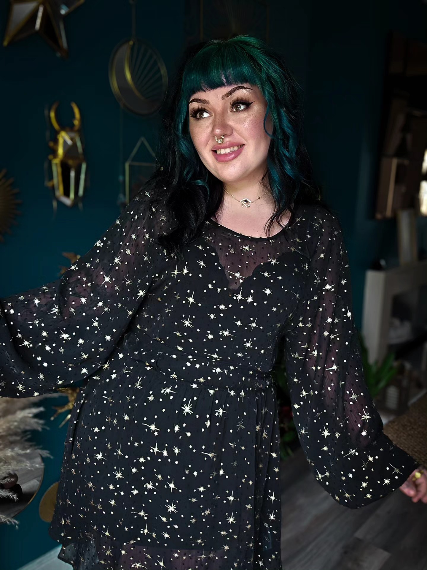 Celestial Print Mesh Midi Dress