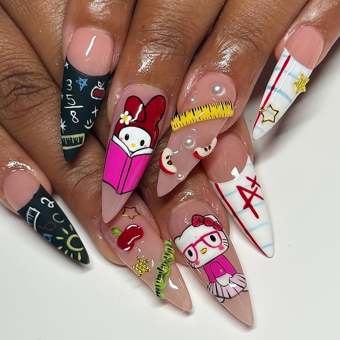 Chalkboard & Hello Kitty French Tip Back To School Nails