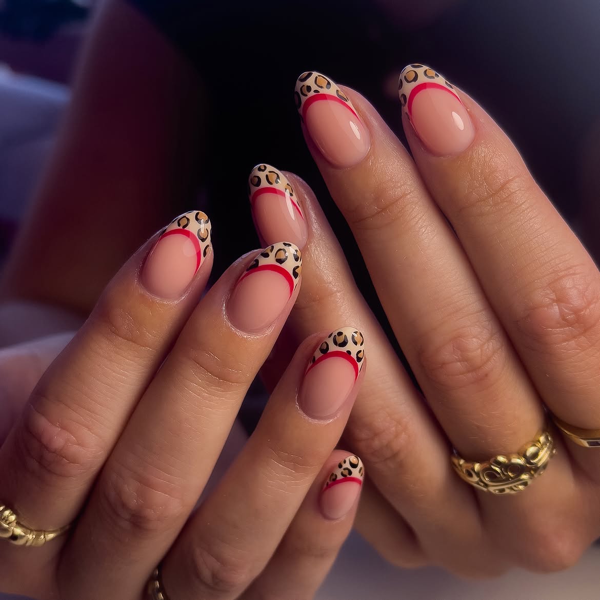 Cheetah French Tip Nails with Red Accent