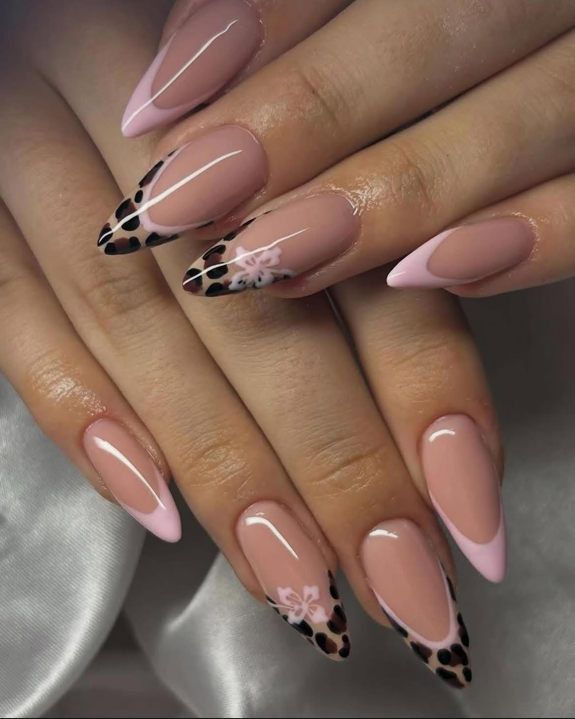 Cheetah French Tips with Floral Accent