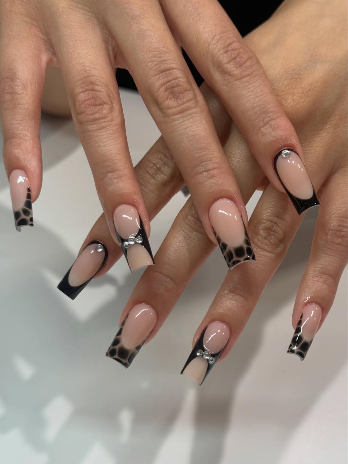 Chic Black French Tip Acrylics with Rhinestone Accents