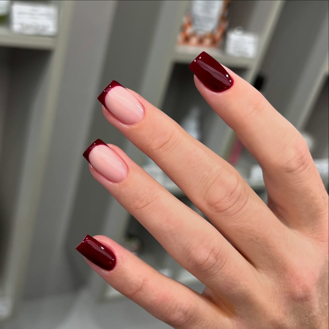 Chic Burgundy French Tip Almond Nails