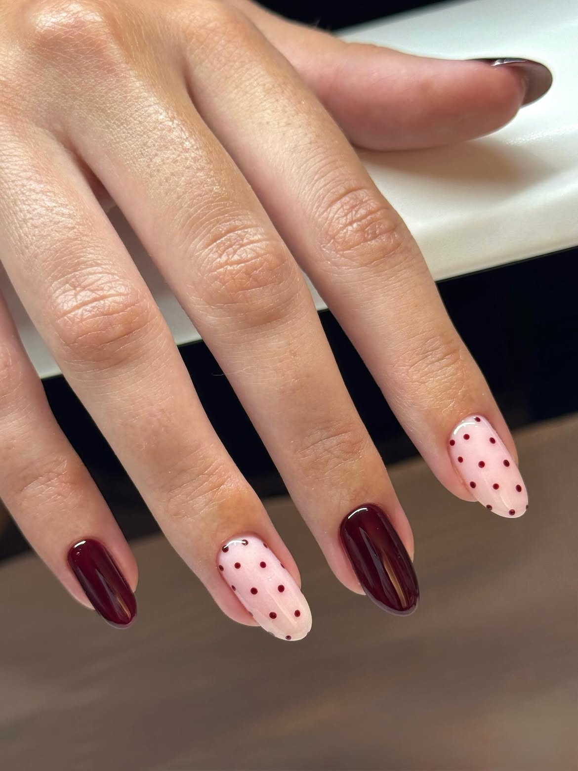 Chic Burgundy Polka Dot Oval Nails