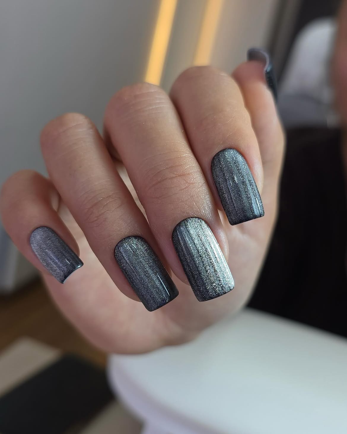 Chic Charcoal Cat Eye Square Nails