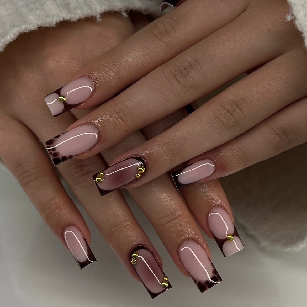 Chic Dark French Ombre Square Nails with Gold Beads