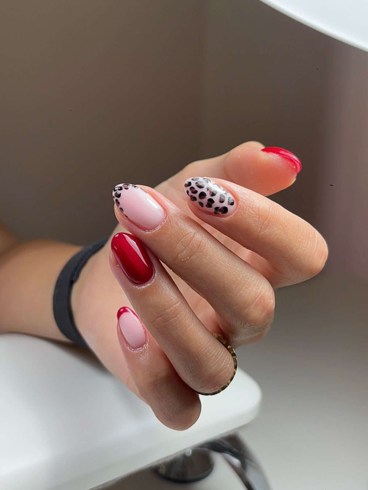 Chic Leopard Print and Cherry Red Oval Nails