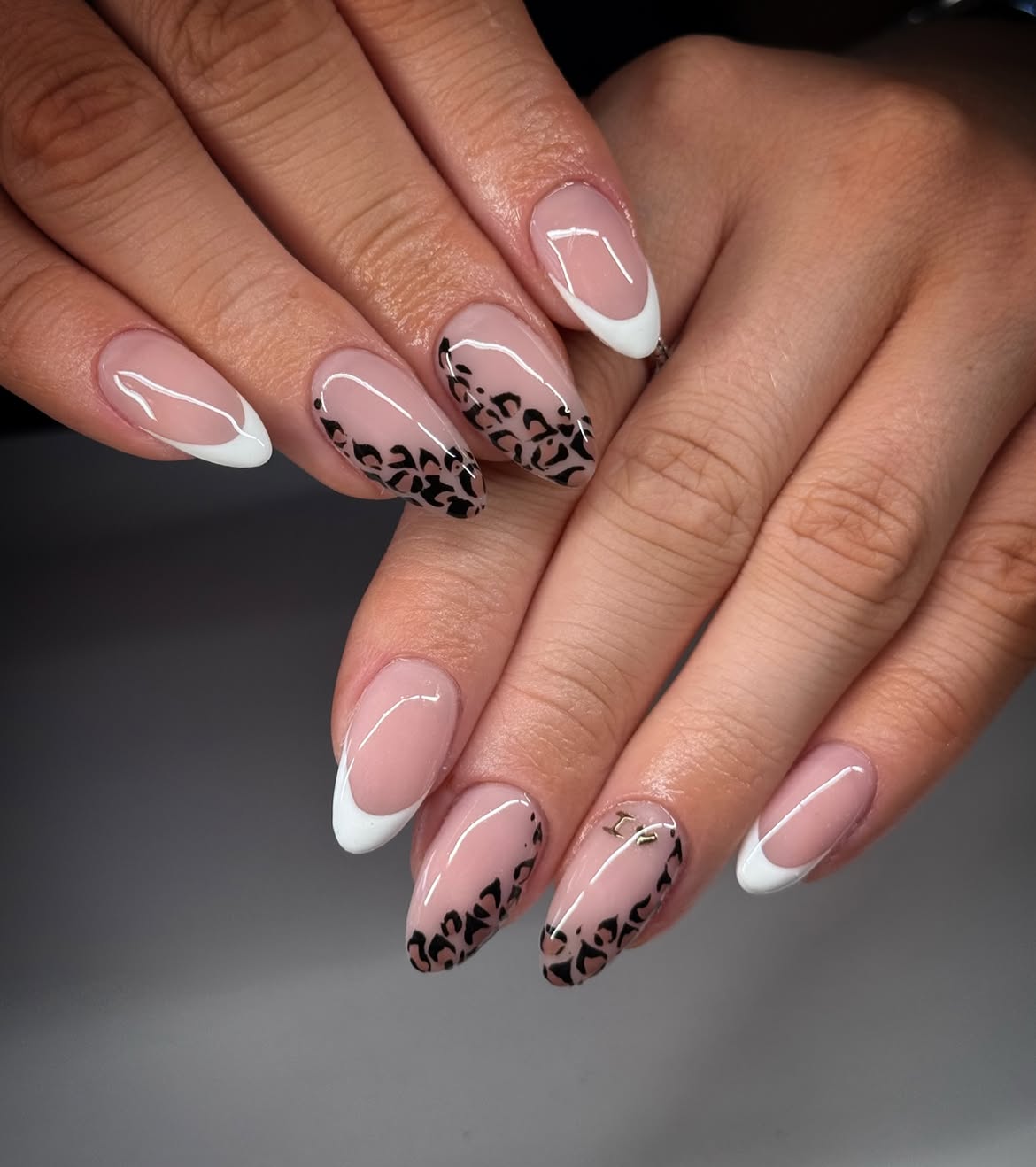 Chic Leopard Print French Almond Nails