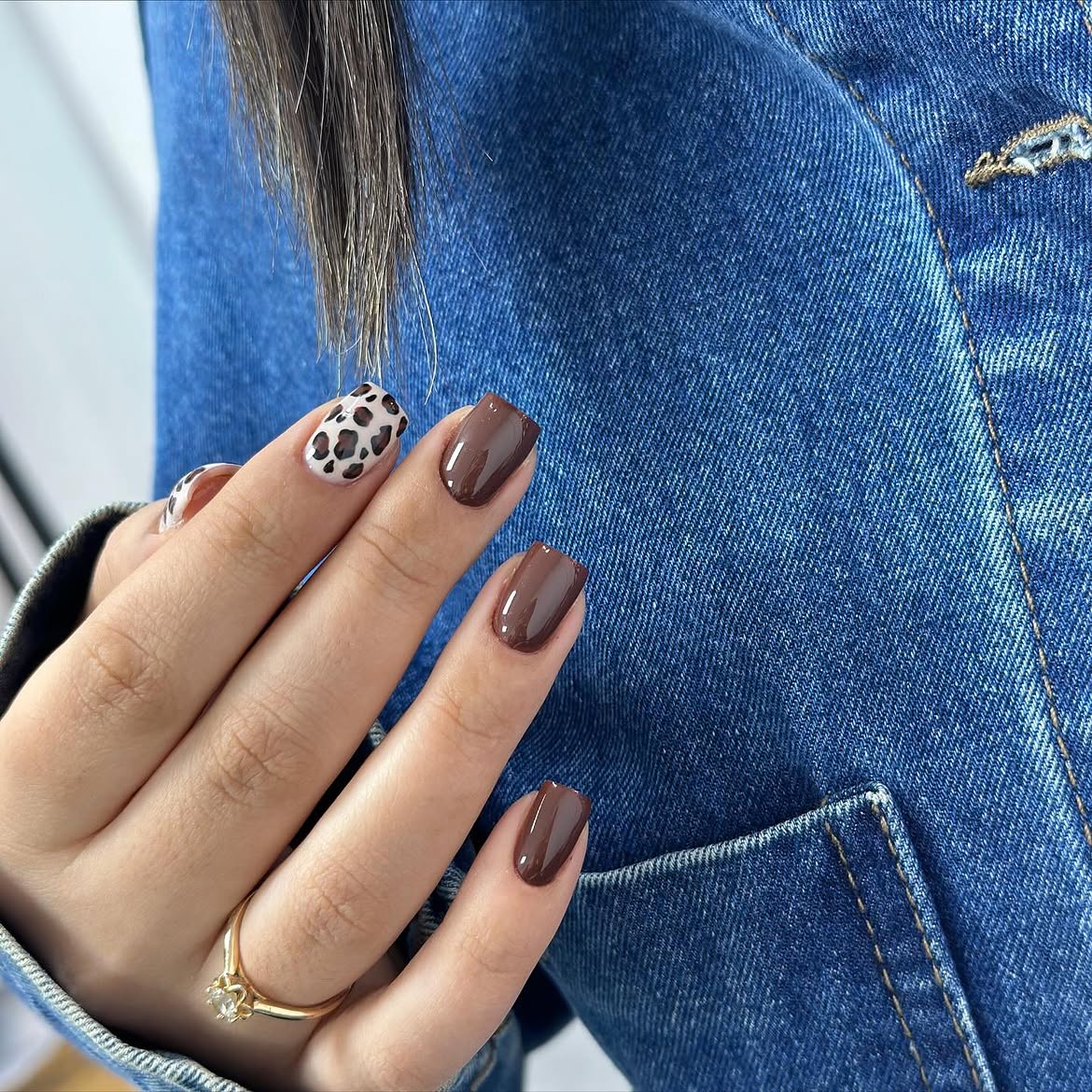 Chocolate Brown Square Cheetah Nails