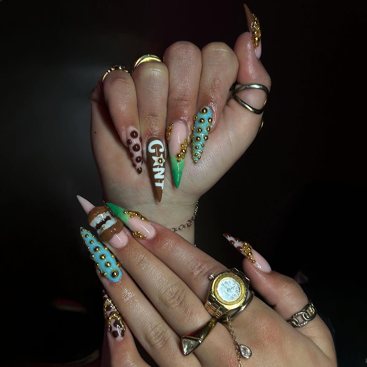 Chocolate Drip & Studded French Tip Coffin Nails
