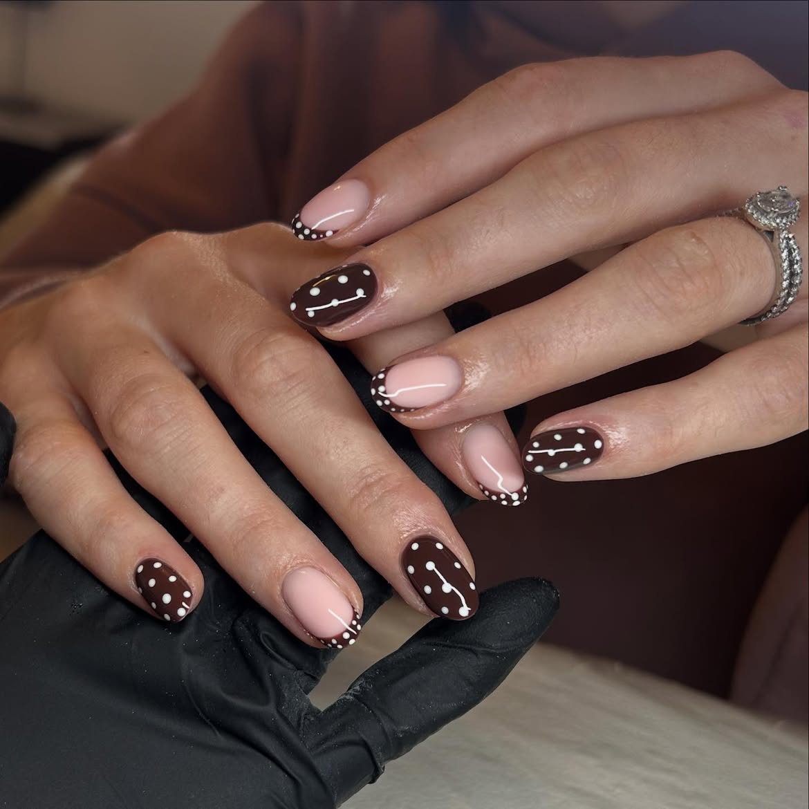 Chocolate Swirl Polka Dot French Tip Nails