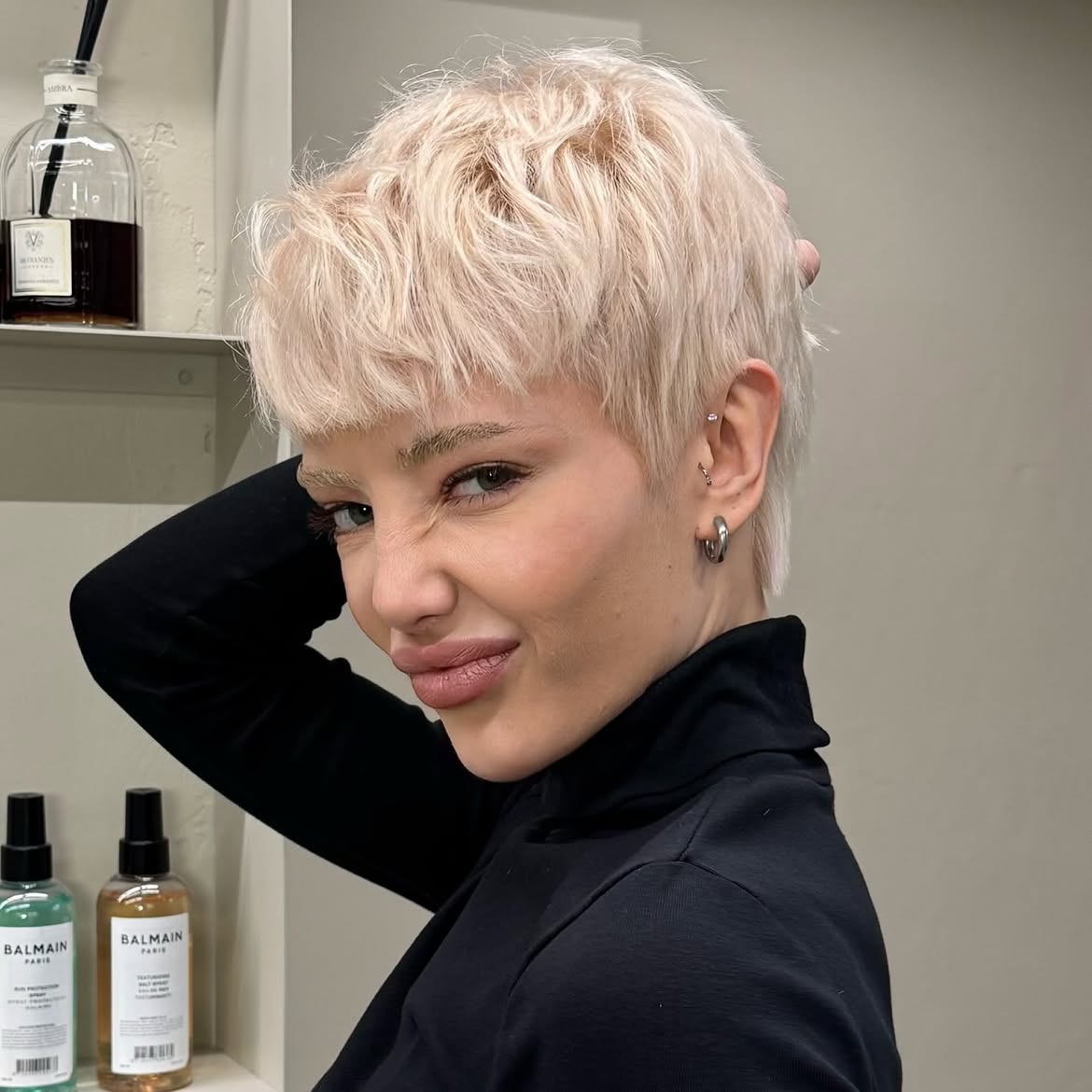 Choppy Platinum Pixie With Textured Fringe