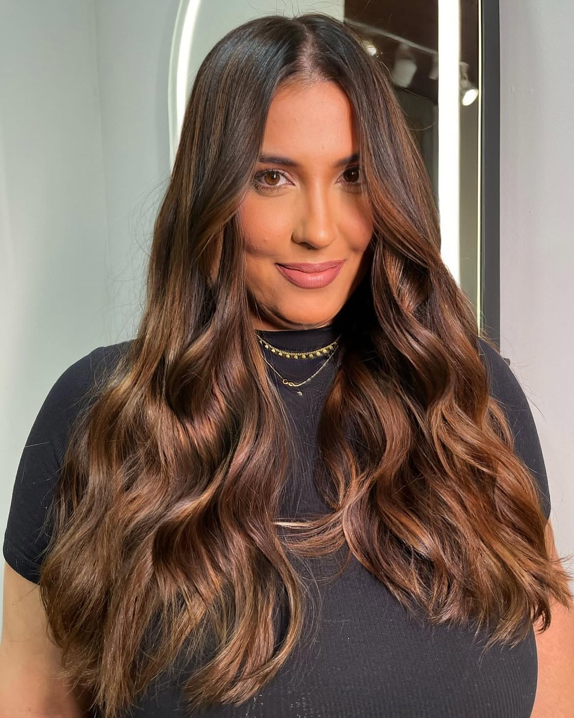 Cinnamon Swirl Balayage On Long Wavy Hair