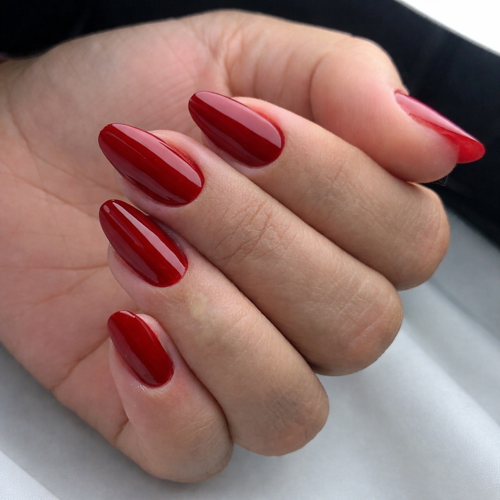 Classic Cherry Red High Gloss Almond Nails