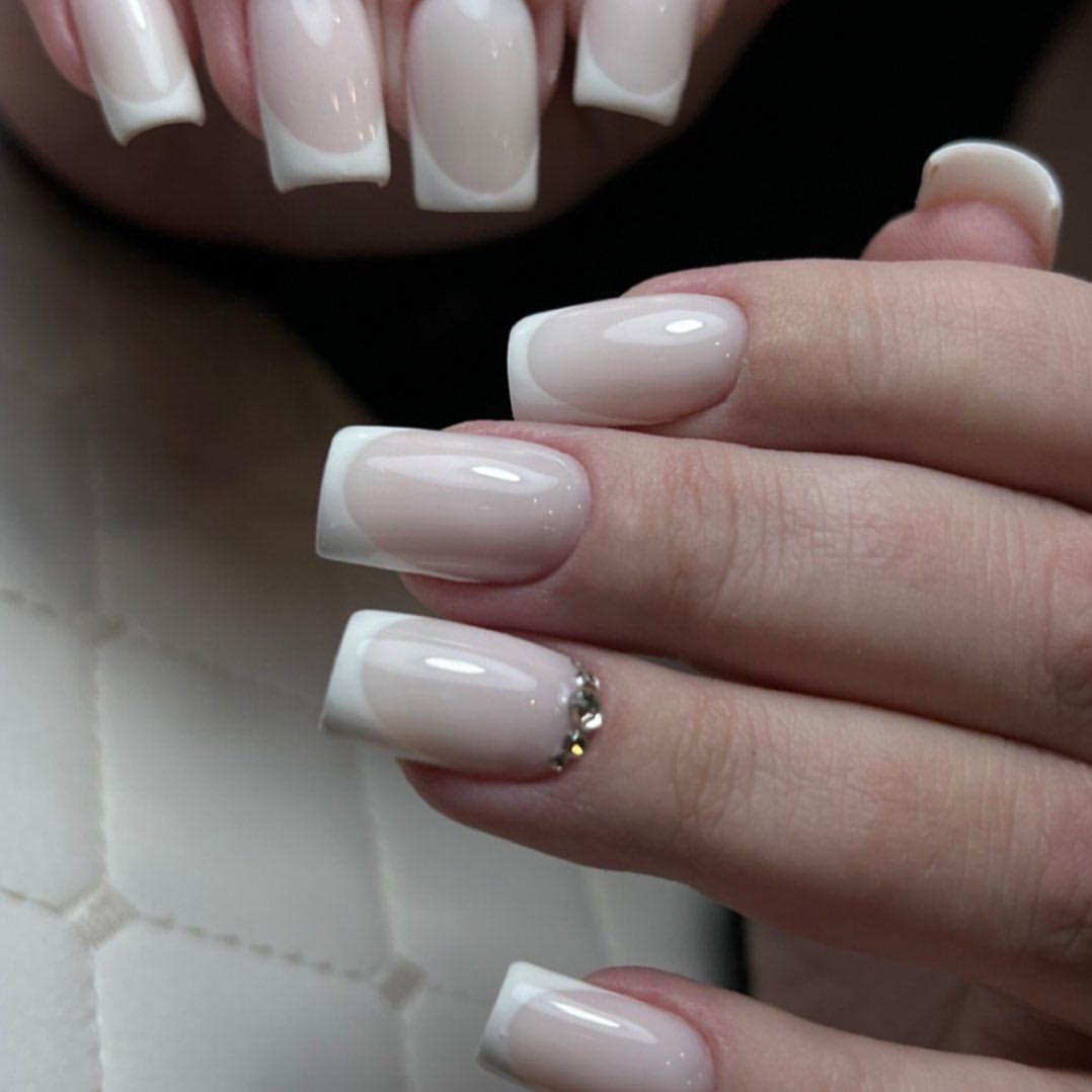 Classic French Manicure With Subtle Crystal Accents