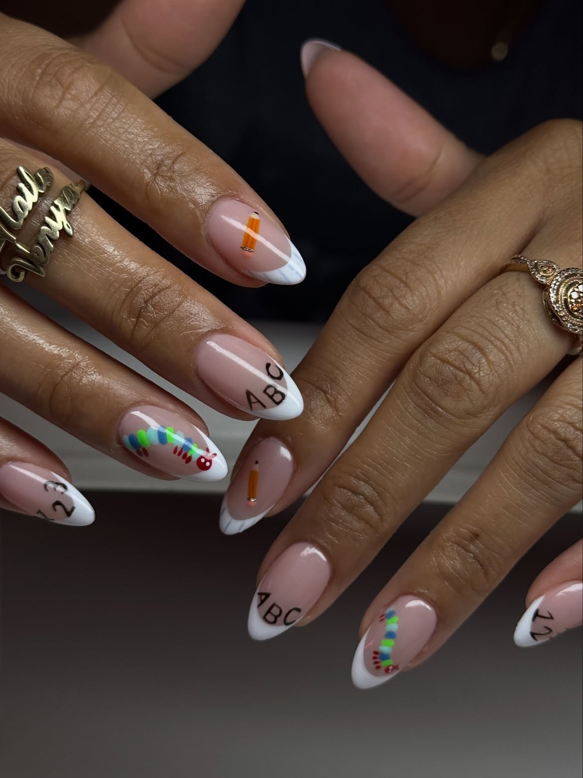 Classic French Tips With School Themed Nail Art