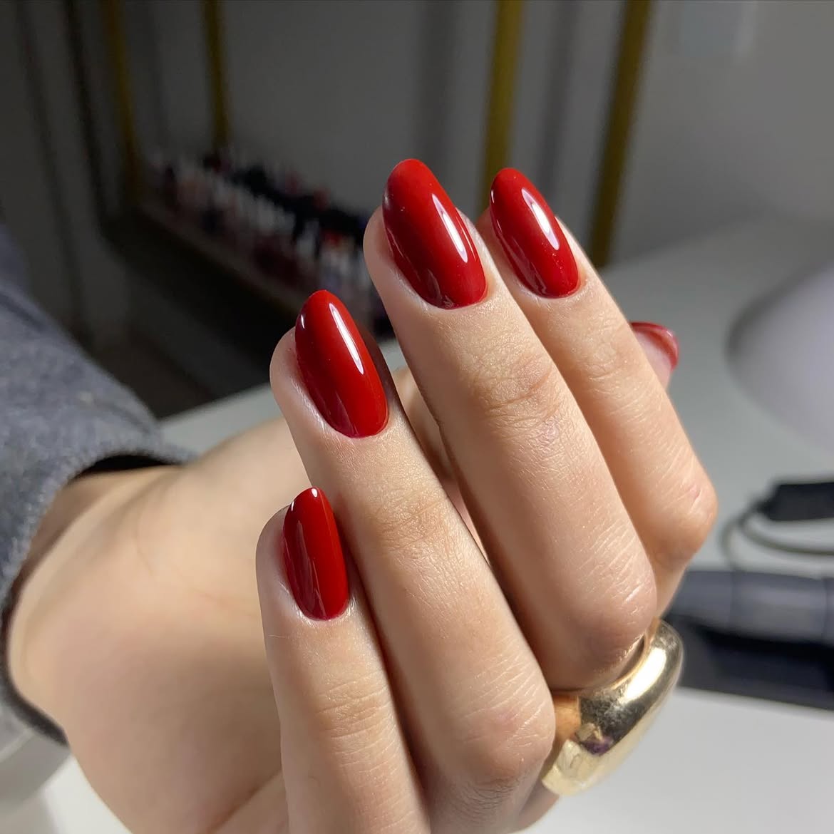 Classic Glossy Red Almond Nails