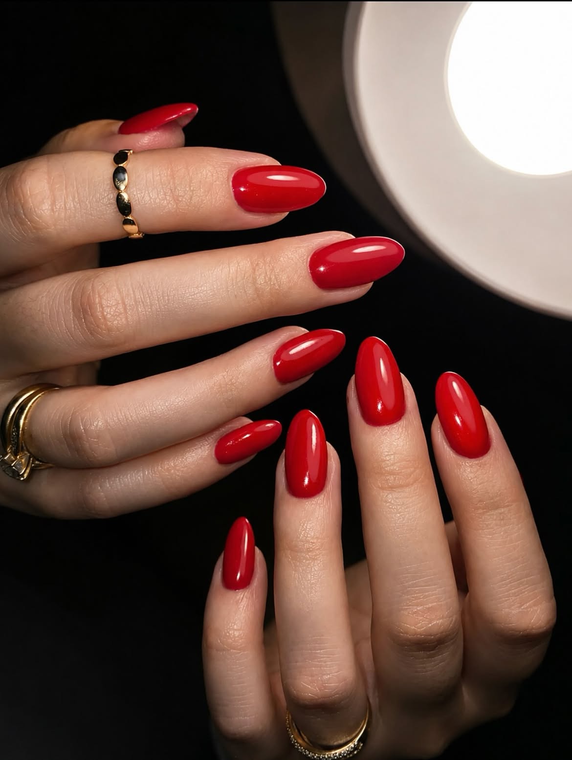 Classic High-Gloss Cherry Red Almond Nails