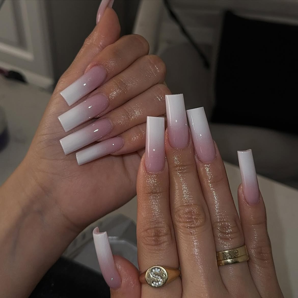 Classic Pink and White Ombre Square Nails