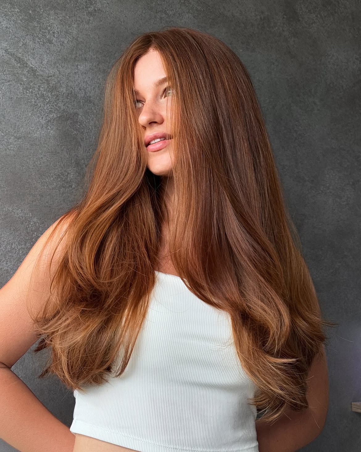 Copper Balayage With Soft Layers And Volume