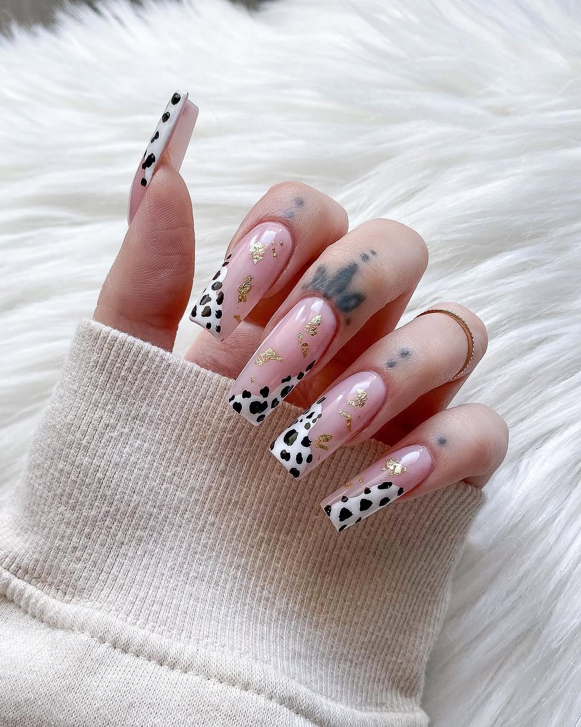 Cow Print French Tip Chrome Gold Flakes