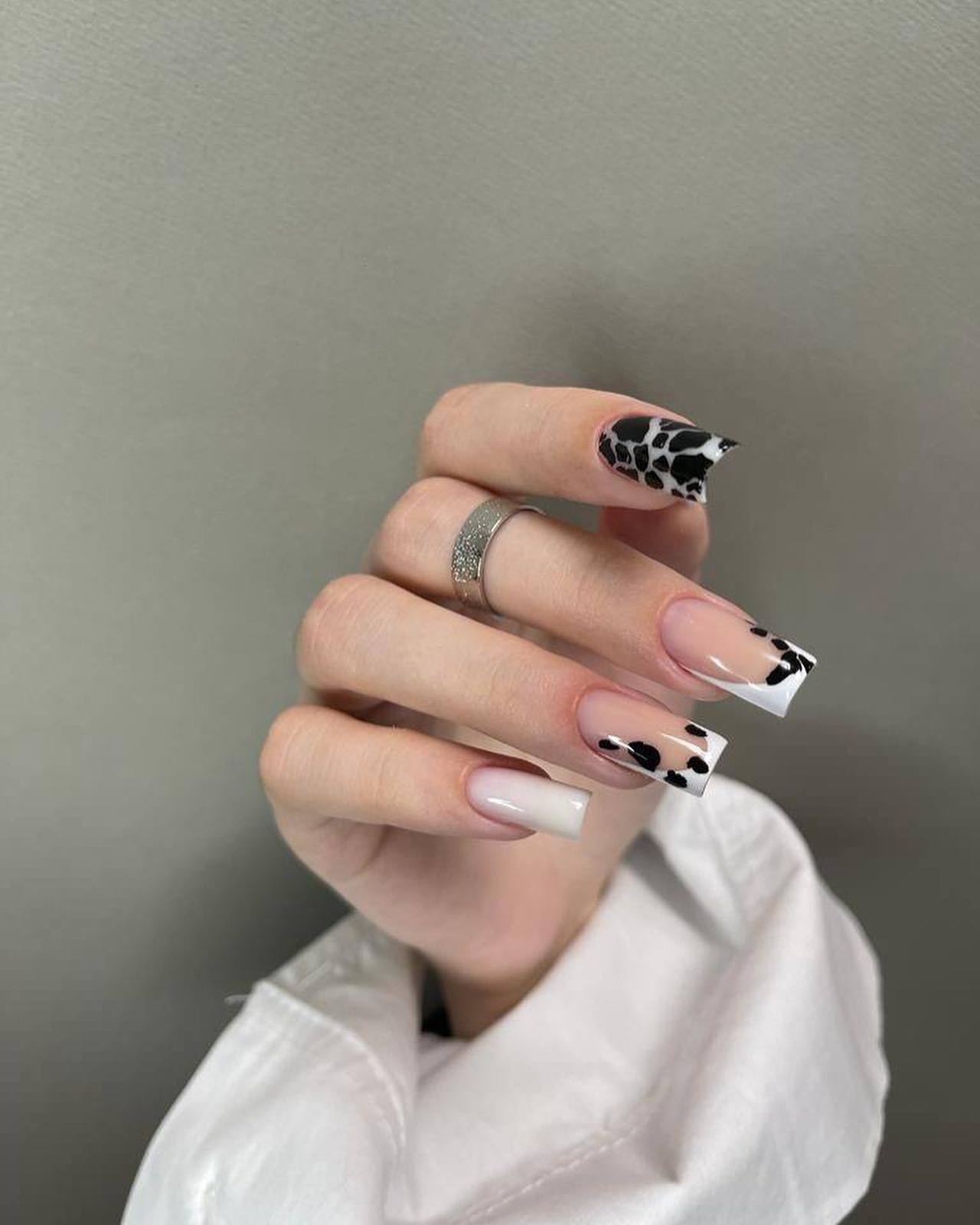 Cow Print French Tips With Milky Base
