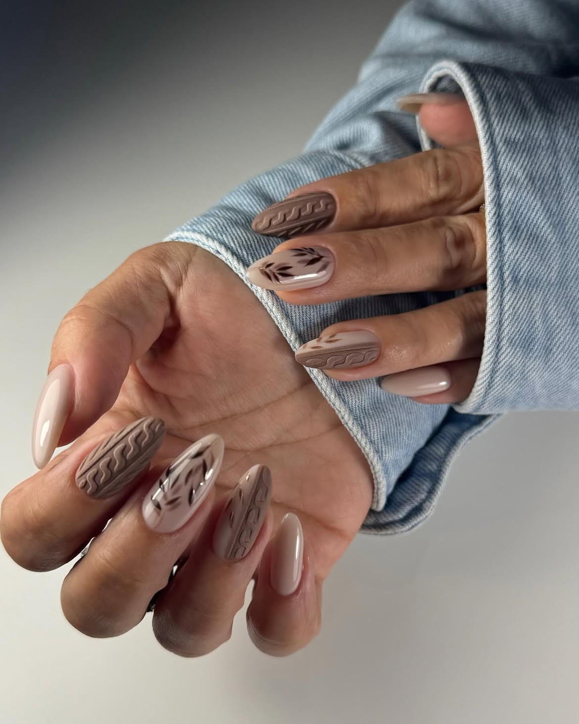 Cozy Cable Knit Almond Nails With Leaf Art