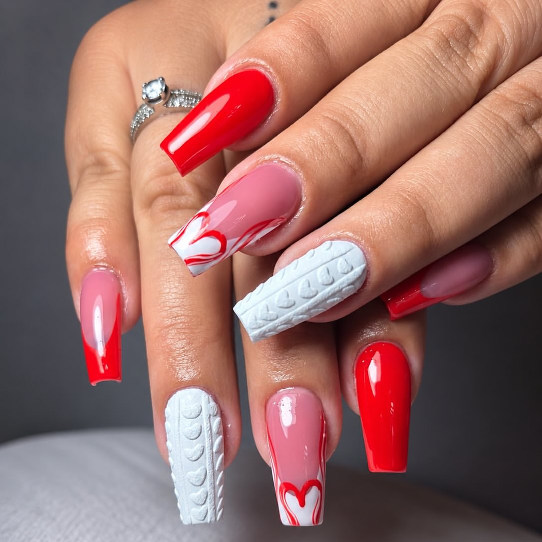 Cozy Red & White Sweater Weather French Tips