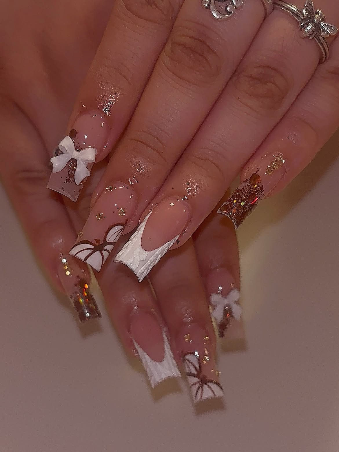 Cozy Sweater French Tip Nails with Bows