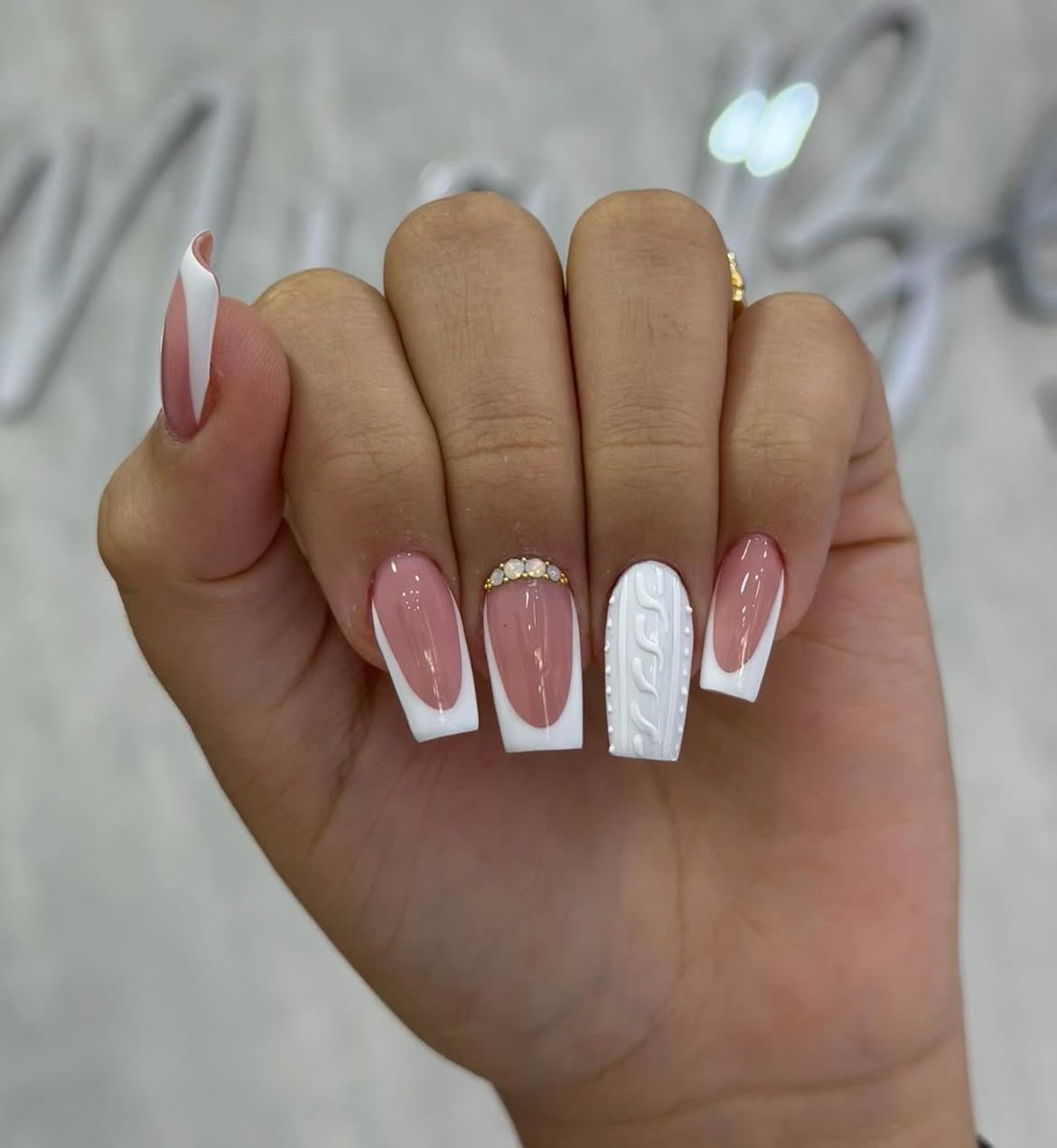 Cozy White Cable Knit French Tip Nails