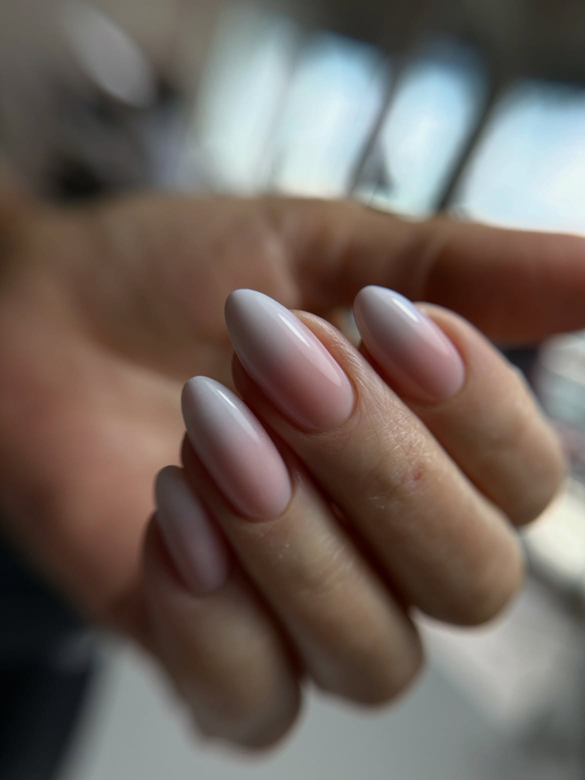 Creamy Pink and White Ombre Almond Nails