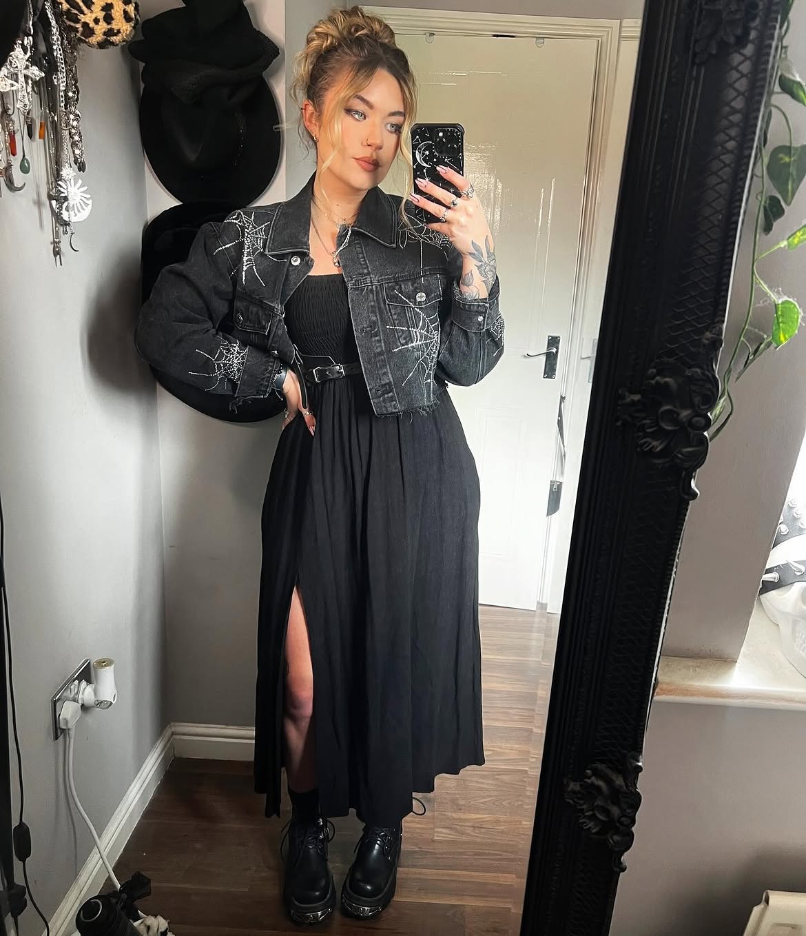 Cropped Denim Jacket And Black Maxi Skirt Outfit
